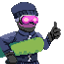 Pixel art of a character wearing a purple hoodie with a green mask and black gloves, holding a green Snowboard.