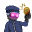 Pixel art of a character wearing a purple hoodie with a green mask and black gloves, admiring a coin theyre holding in their hand.
