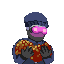 Pixel art of a character wearing a purple hoodie with a green mask and black gloves, holding a bunch of coins with both of their arms