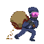 Pixel art of a character wearing a purple hoodie with a green mask and black gloves, holding a sack of coins that are spilling as they walk.