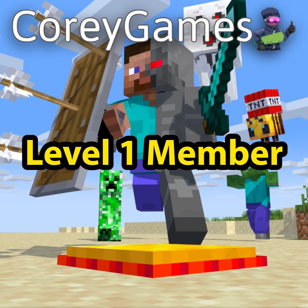 Minecraft-style character with 'Corey Games' branding and 'Level 1 Member' text.