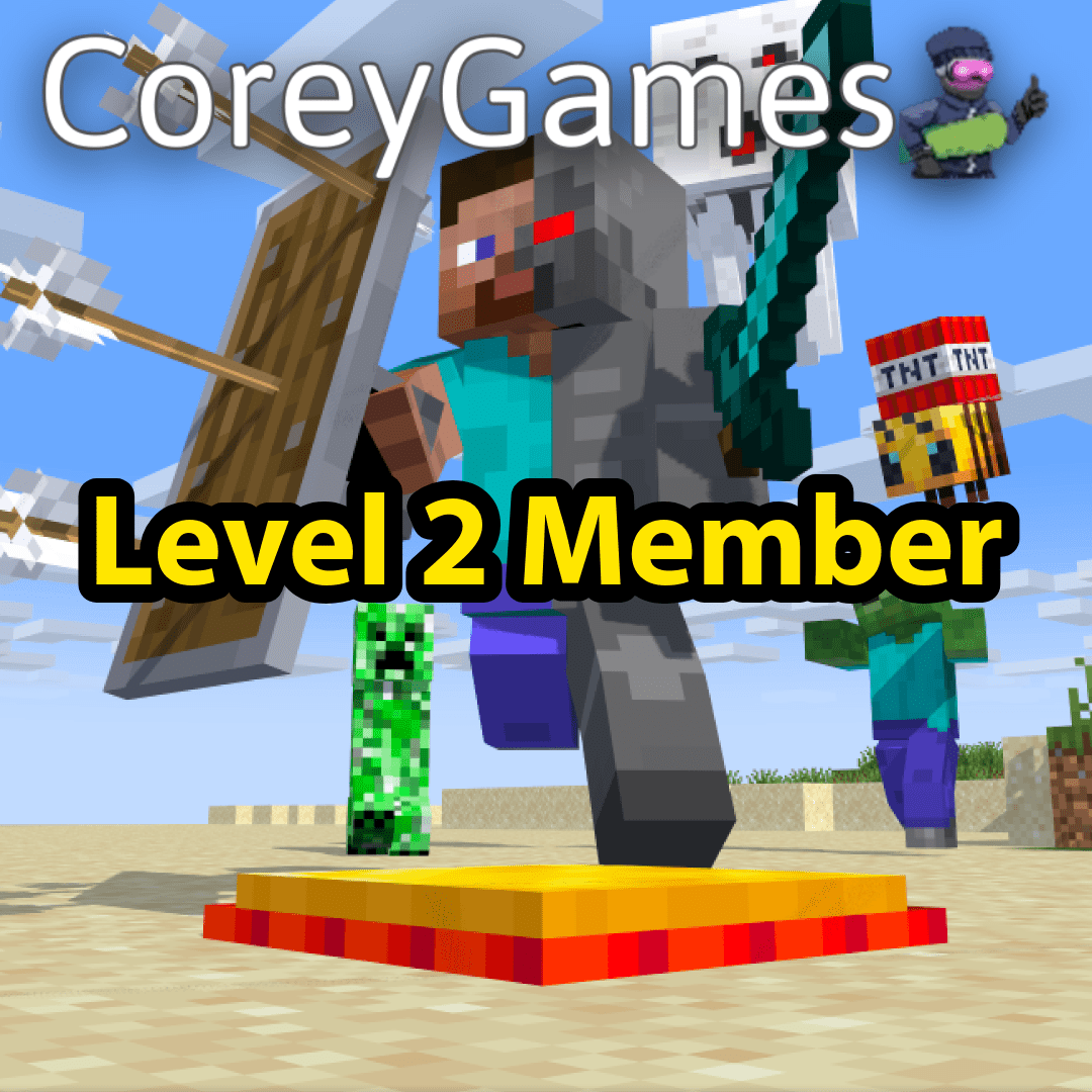 Minecraft-style character on a platform with 'Corey Games' and 'Level 2 Member' text.