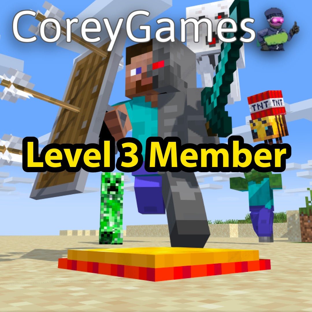 Minecraft-style characters with 'Corey Games' branding and 'Level 3 Member' text.