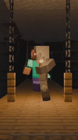 Minecraft-Style Animation with 1 cyborg character being caught by zombies.
