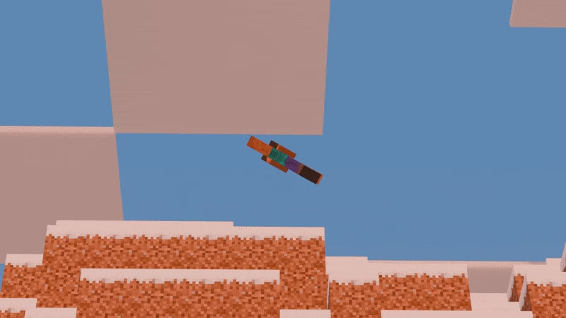 Minecraft-style animation where a characteris falling with soft-body Physics.